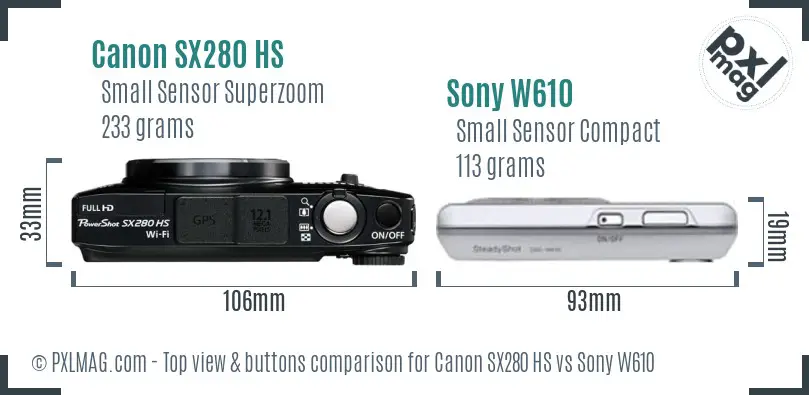 Canon SX280 HS vs Sony W610 top view buttons comparison