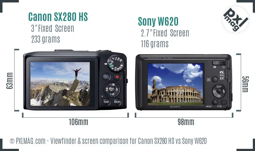 Canon SX280 HS vs Sony W620 Screen and Viewfinder comparison