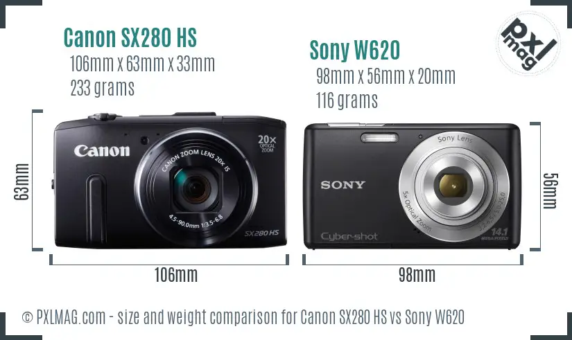 Canon SX280 HS vs Sony W620 size comparison