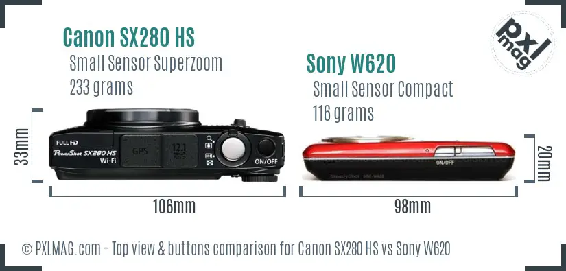 Canon SX280 HS vs Sony W620 top view buttons comparison