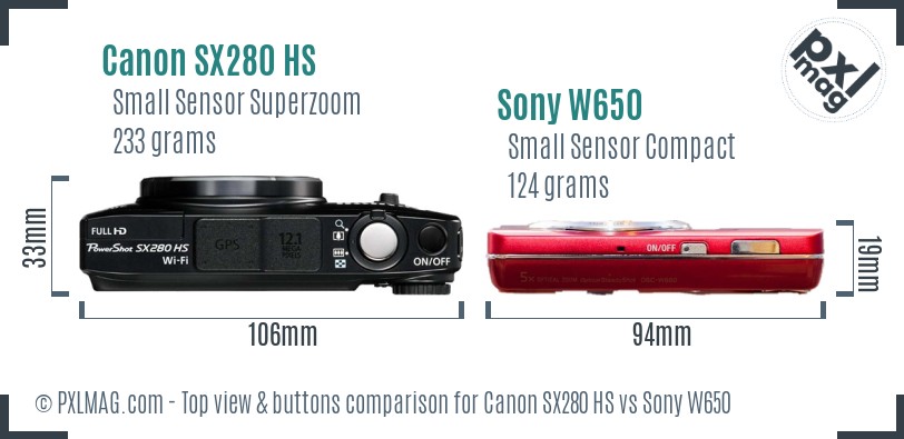 Canon SX280 HS vs Sony W650 top view buttons comparison