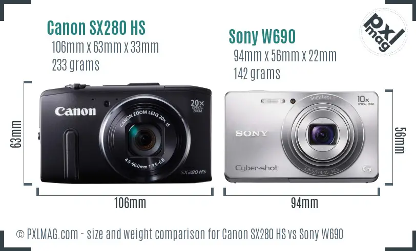 Canon SX280 HS vs Sony W690 size comparison