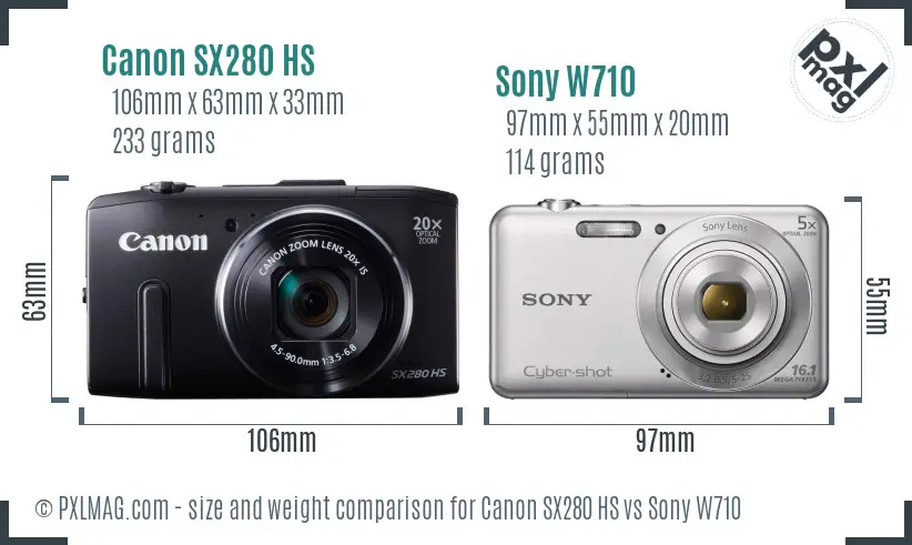 Canon SX280 HS vs Sony W710 size comparison