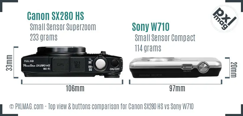 Canon SX280 HS vs Sony W710 top view buttons comparison