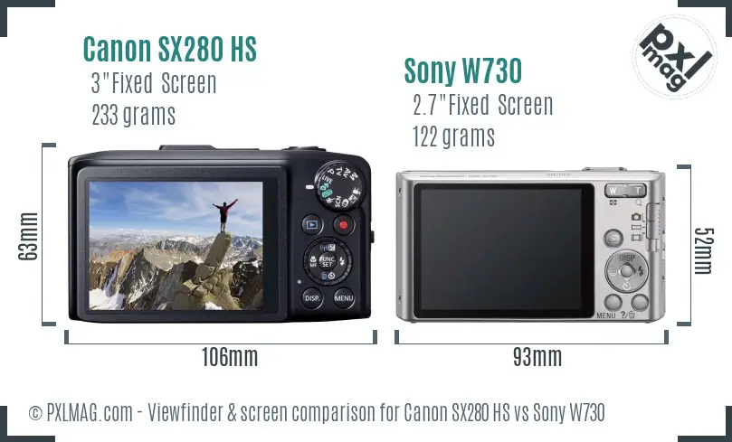 Canon SX280 HS vs Sony W730 Screen and Viewfinder comparison