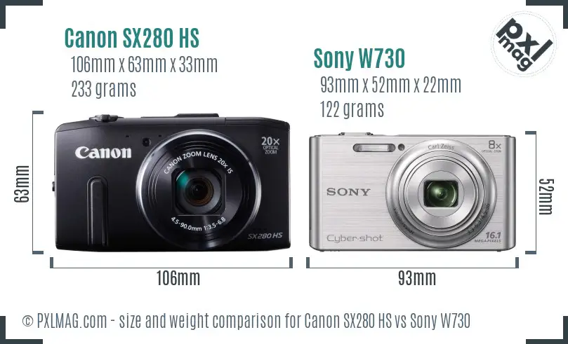 Canon SX280 HS vs Sony W730 size comparison