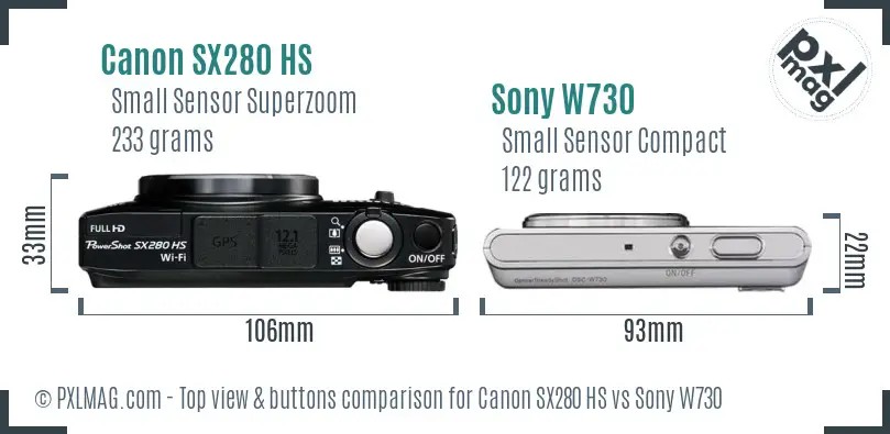Canon SX280 HS vs Sony W730 top view buttons comparison