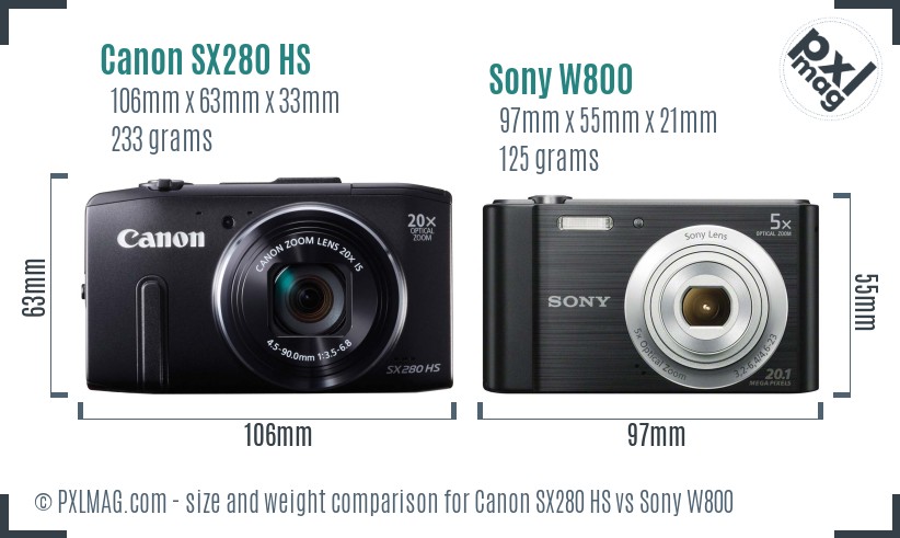 Canon SX280 HS vs Sony W800 size comparison