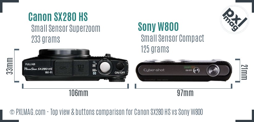 Canon SX280 HS vs Sony W800 top view buttons comparison