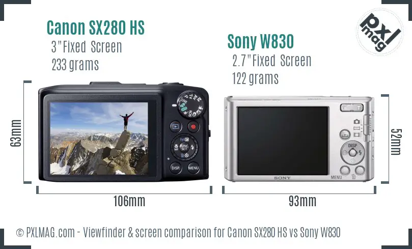 Canon SX280 HS vs Sony W830 Screen and Viewfinder comparison