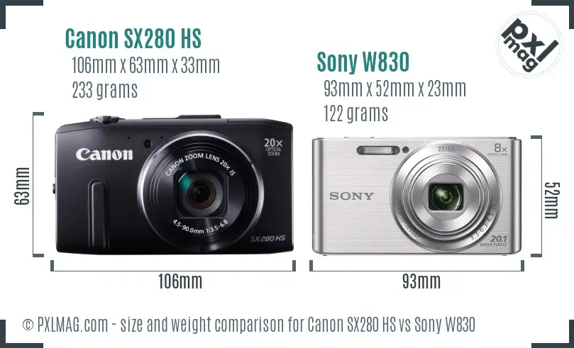 Canon SX280 HS vs Sony W830 size comparison