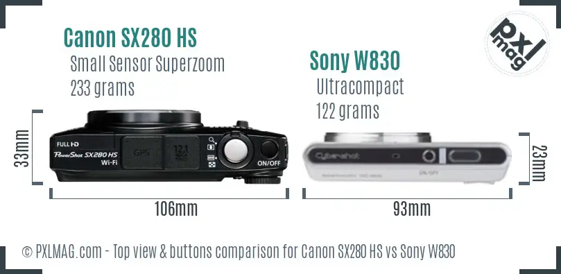 Canon SX280 HS vs Sony W830 top view buttons comparison