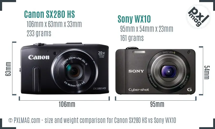 Canon SX280 HS vs Sony WX10 size comparison