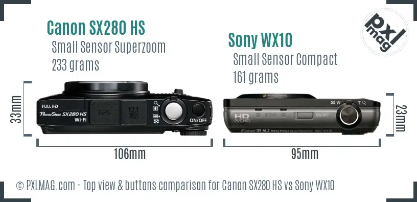 Canon SX280 HS vs Sony WX10 top view buttons comparison