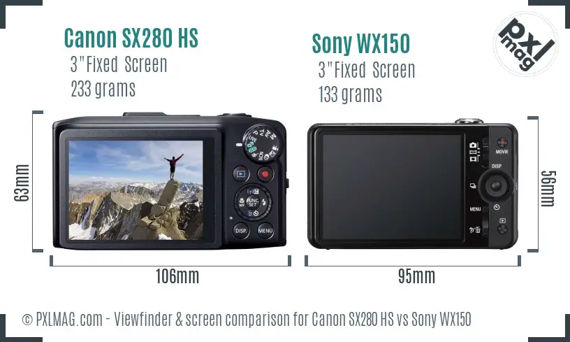 Canon SX280 HS vs Sony WX150 Screen and Viewfinder comparison