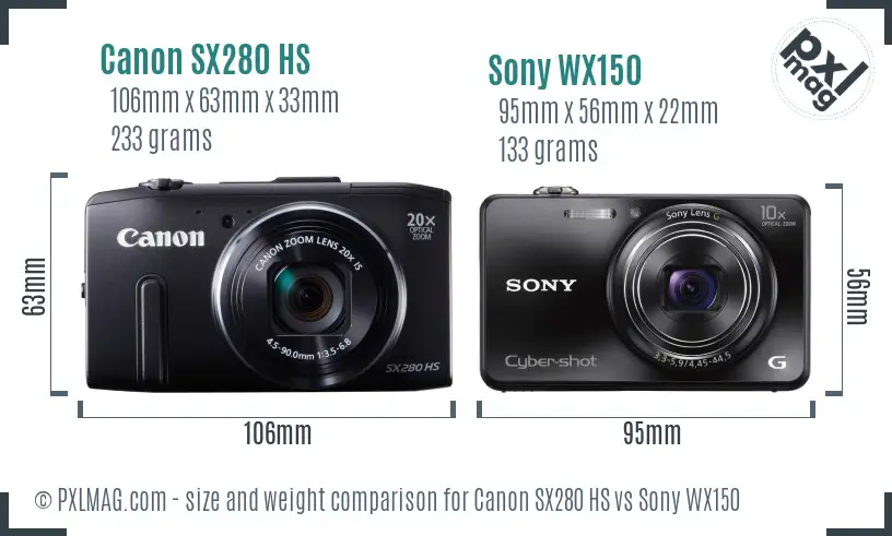 Canon SX280 HS vs Sony WX150 size comparison