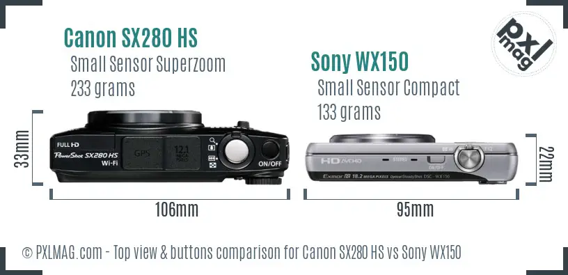 Canon SX280 HS vs Sony WX150 top view buttons comparison