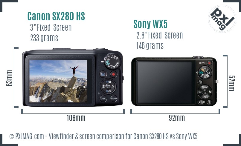 Canon SX280 HS vs Sony WX5 Screen and Viewfinder comparison