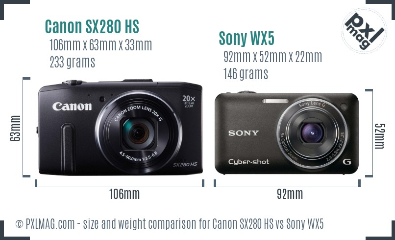 Canon SX280 HS vs Sony WX5 size comparison