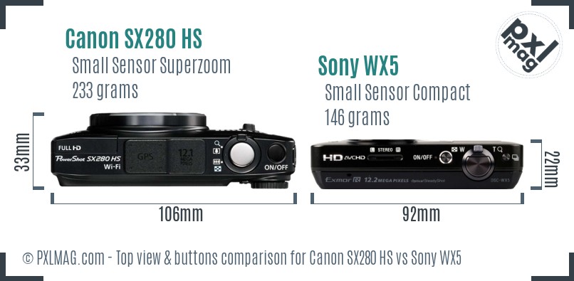 Canon SX280 HS vs Sony WX5 top view buttons comparison