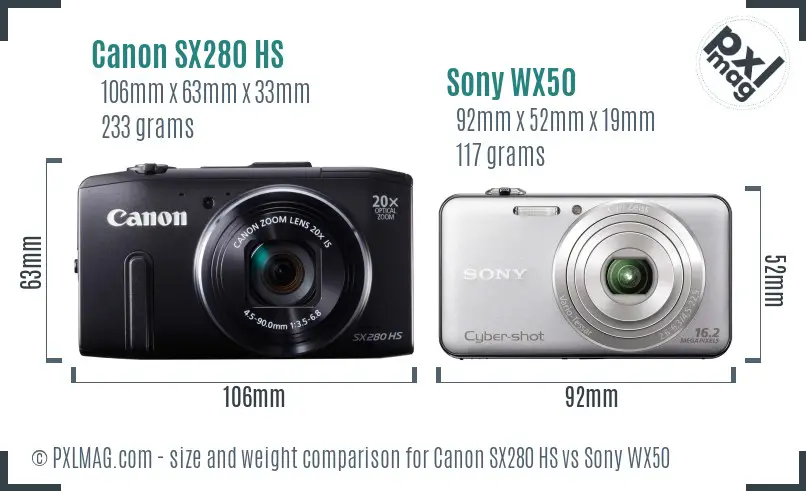 Canon SX280 HS vs Sony WX50 size comparison