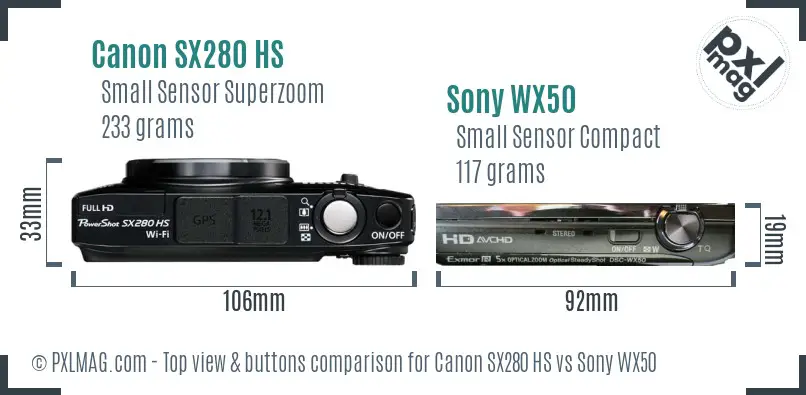 Canon SX280 HS vs Sony WX50 top view buttons comparison