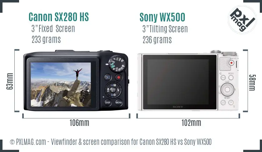 Canon SX280 HS vs Sony WX500 Screen and Viewfinder comparison