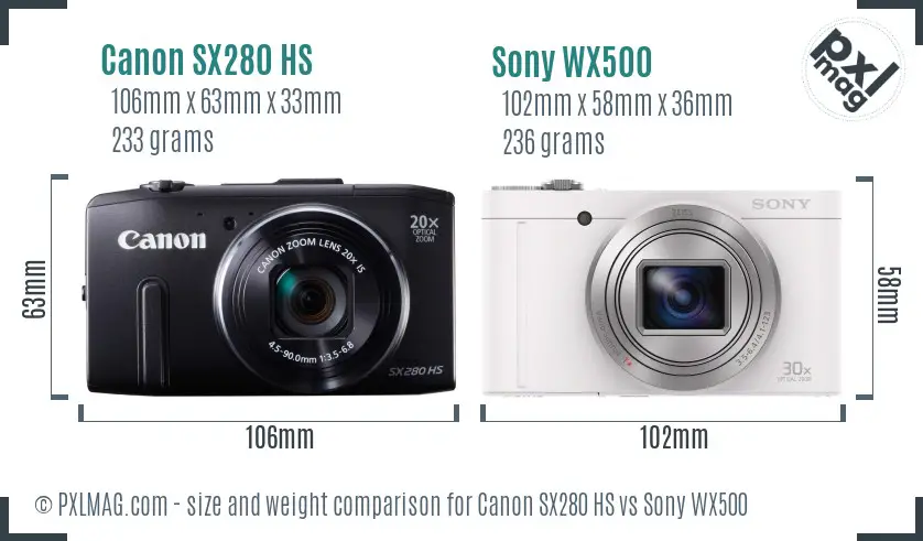 Canon SX280 HS vs Sony WX500 size comparison