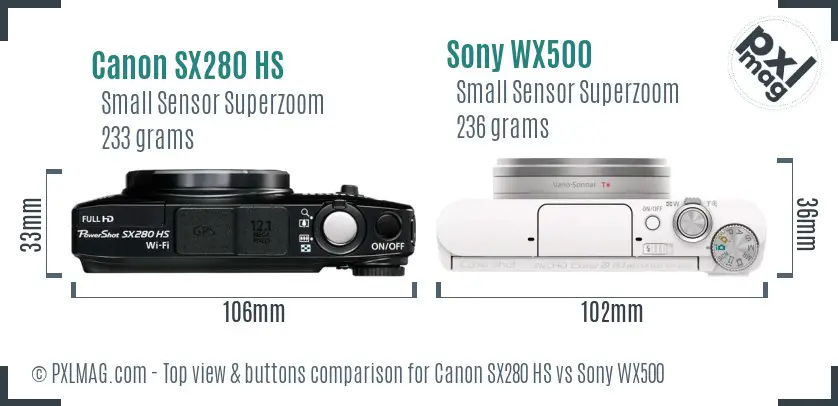 Canon SX280 HS vs Sony WX500 top view buttons comparison