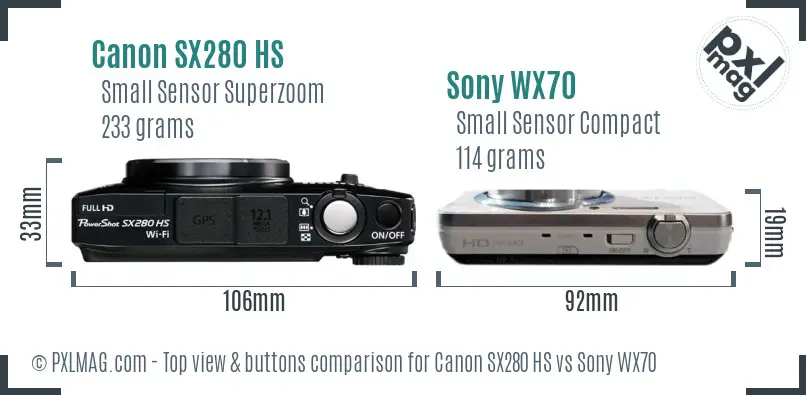 Canon SX280 HS vs Sony WX70 top view buttons comparison Canon SX280 HS vs Sony WX70 top view buttons comparison