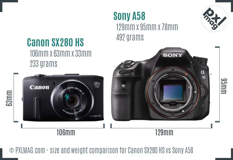 Canon SX280 HS vs Sony A58 size comparison
