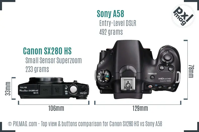 Canon SX280 HS vs Sony A58 top view buttons comparison