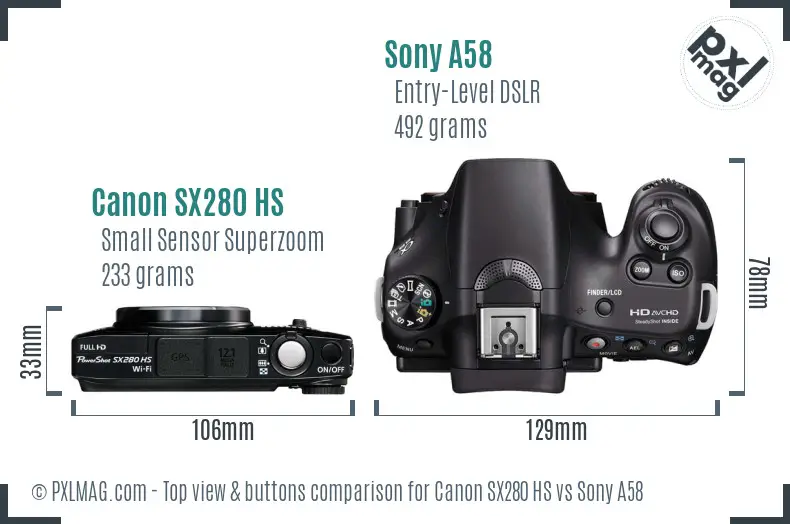 Canon SX280 HS vs Sony A58 top view buttons comparison Canon SX280 HS vs Sony A58 top view buttons comparison