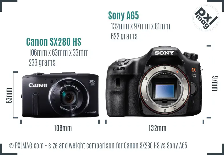 Canon SX280 HS vs Sony A65 size comparison Canon SX280 HS vs Sony A65 size comparison
