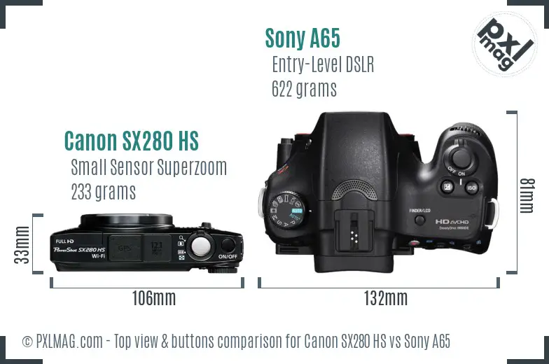Canon SX280 HS vs Sony A65 top view buttons comparison Canon SX280 HS vs Sony A65 top view buttons comparison