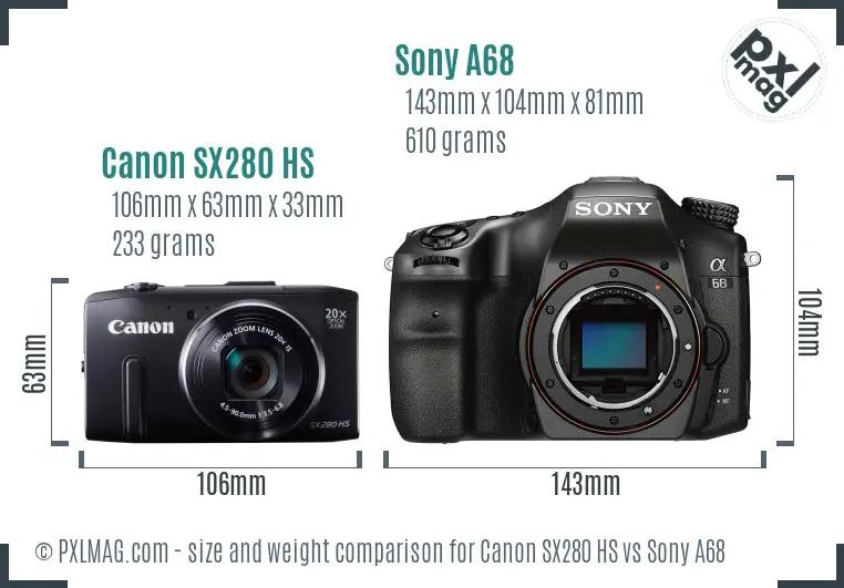 Canon SX280 HS vs Sony A68 size comparison