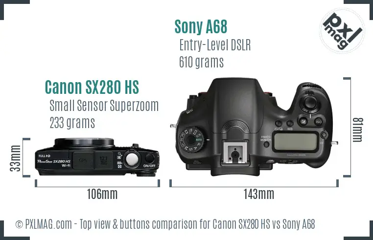 Canon SX280 HS vs Sony A68 top view buttons comparison
