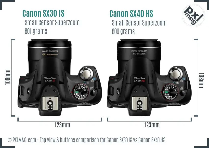 Canon SX30 IS vs Canon SX40 HS top view buttons comparison