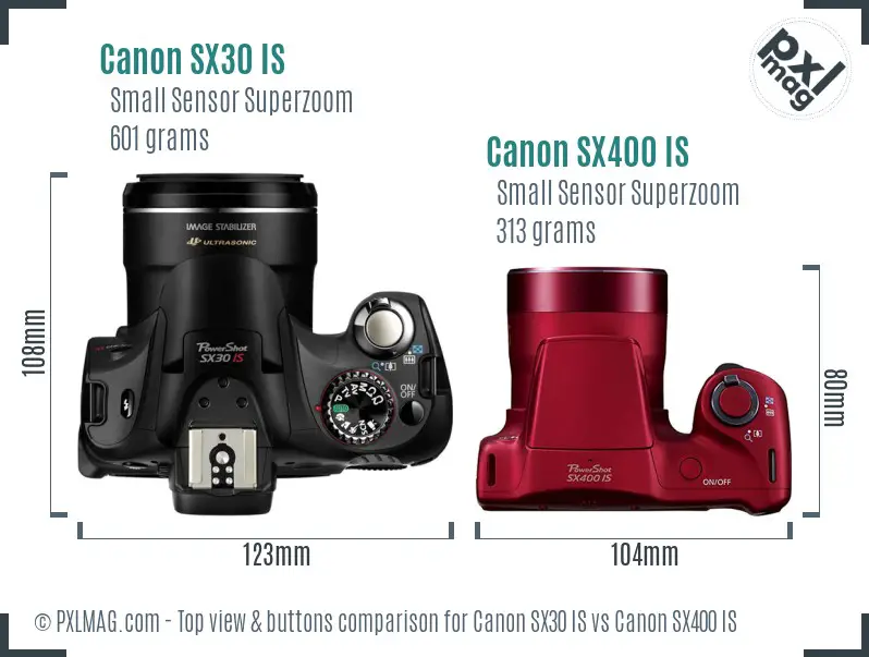 Canon SX30 IS vs Canon SX400 IS top view buttons comparison