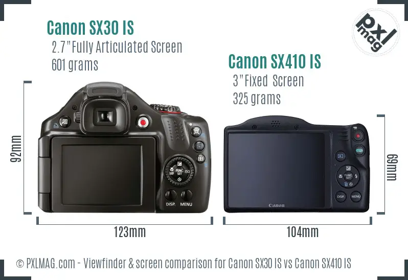 Canon SX30 IS vs Canon SX410 IS Screen and Viewfinder comparison