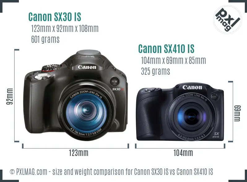 Canon SX30 IS vs Canon SX410 IS size comparison