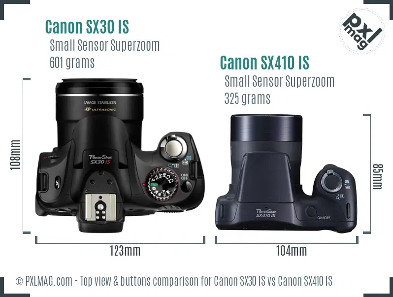 Canon SX30 IS vs Canon SX410 IS top view buttons comparison