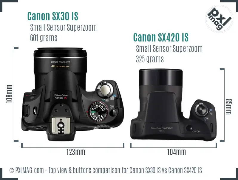 Canon SX30 IS vs Canon SX420 IS top view buttons comparison
