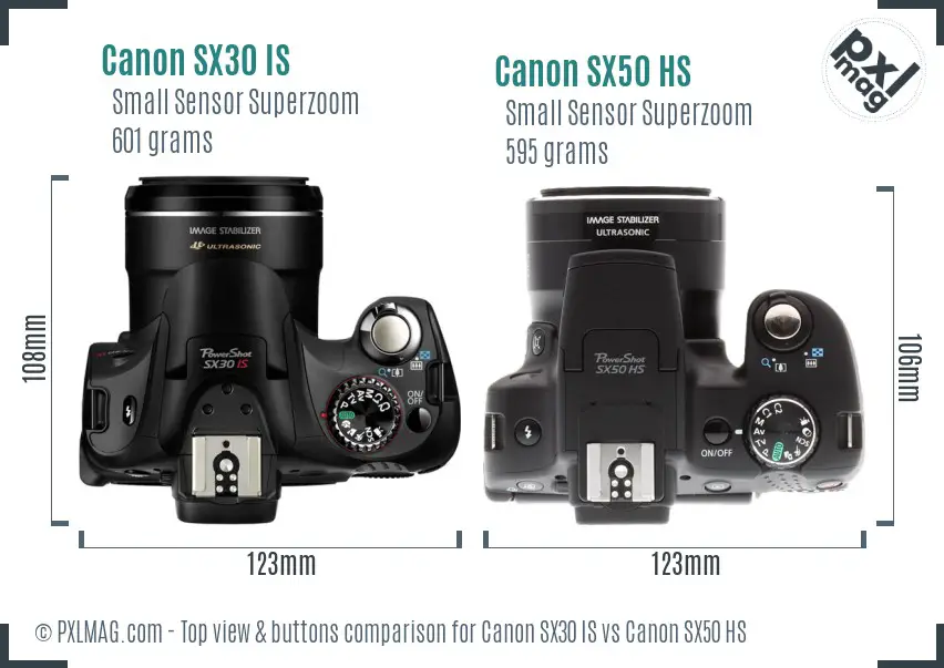 Canon SX30 IS vs Canon SX50 HS top view buttons comparison