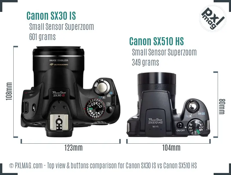 Canon SX30 IS vs Canon SX510 HS top view buttons comparison