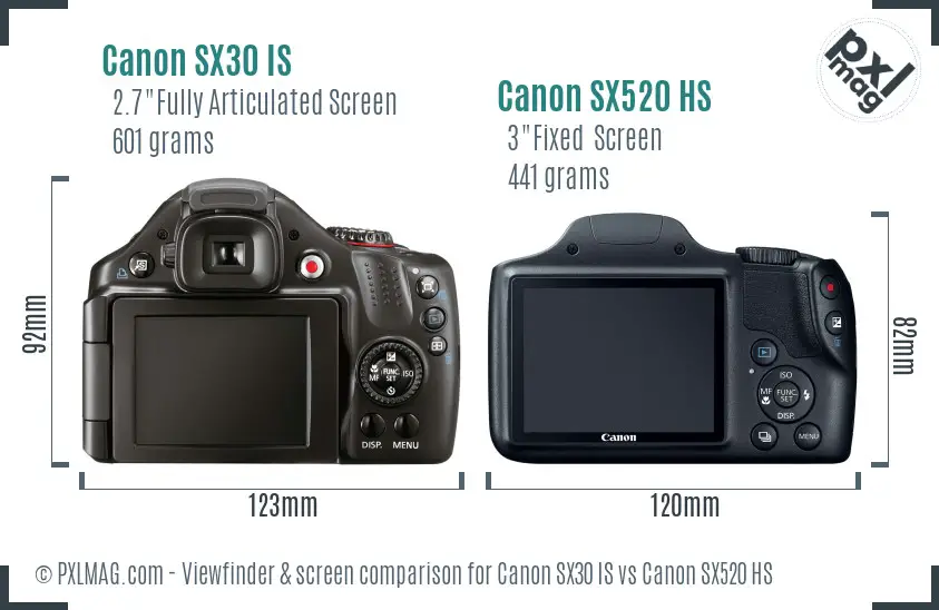 Canon SX30 IS vs Canon SX520 HS Screen and Viewfinder comparison