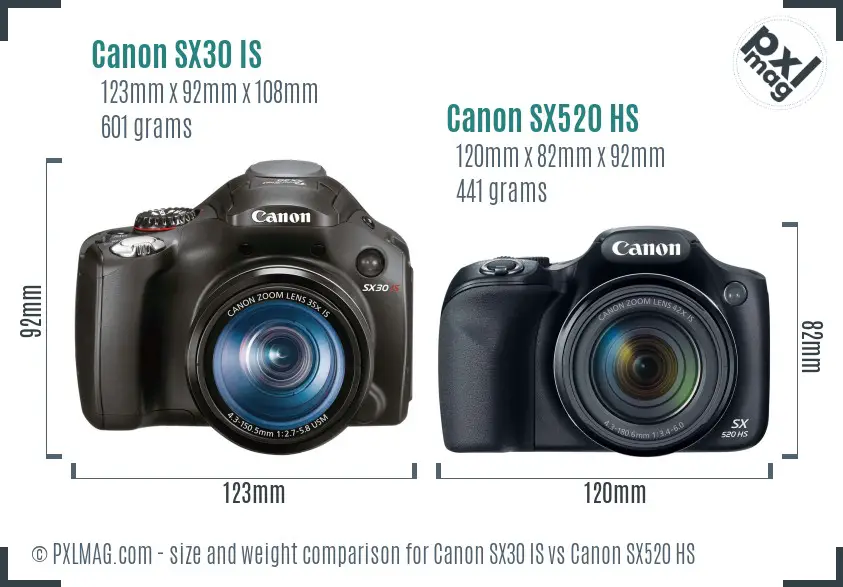 Canon SX30 IS vs Canon SX520 HS size comparison