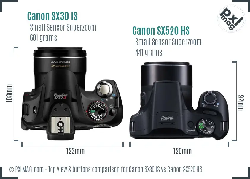 Canon SX30 IS vs Canon SX520 HS top view buttons comparison