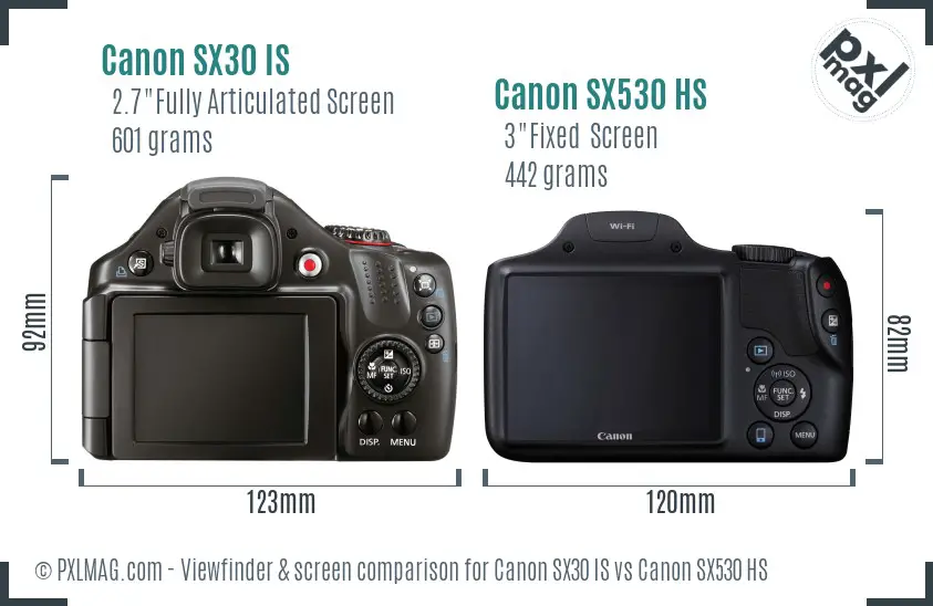 Canon SX30 IS vs Canon SX530 HS Screen and Viewfinder comparison