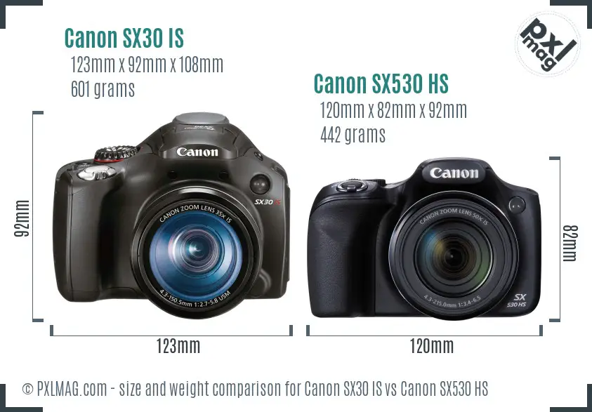 Canon SX30 IS vs Canon SX530 HS size comparison